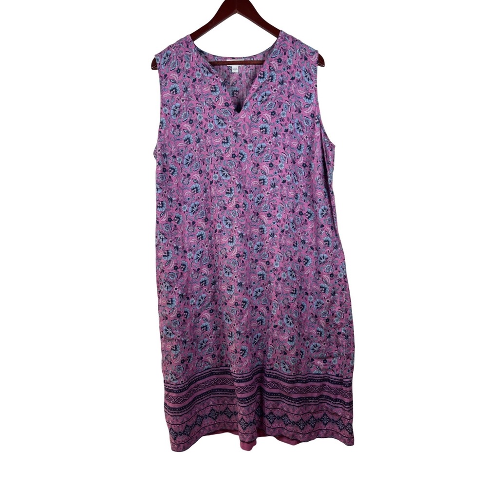 J. Jill Dress XL Love Linen Pink Purple Floral Paisley Sleeveless V-Neck Shift